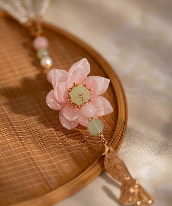 Elegant Pink Alloy Pearl Pearl Lotus Tassel Brooches