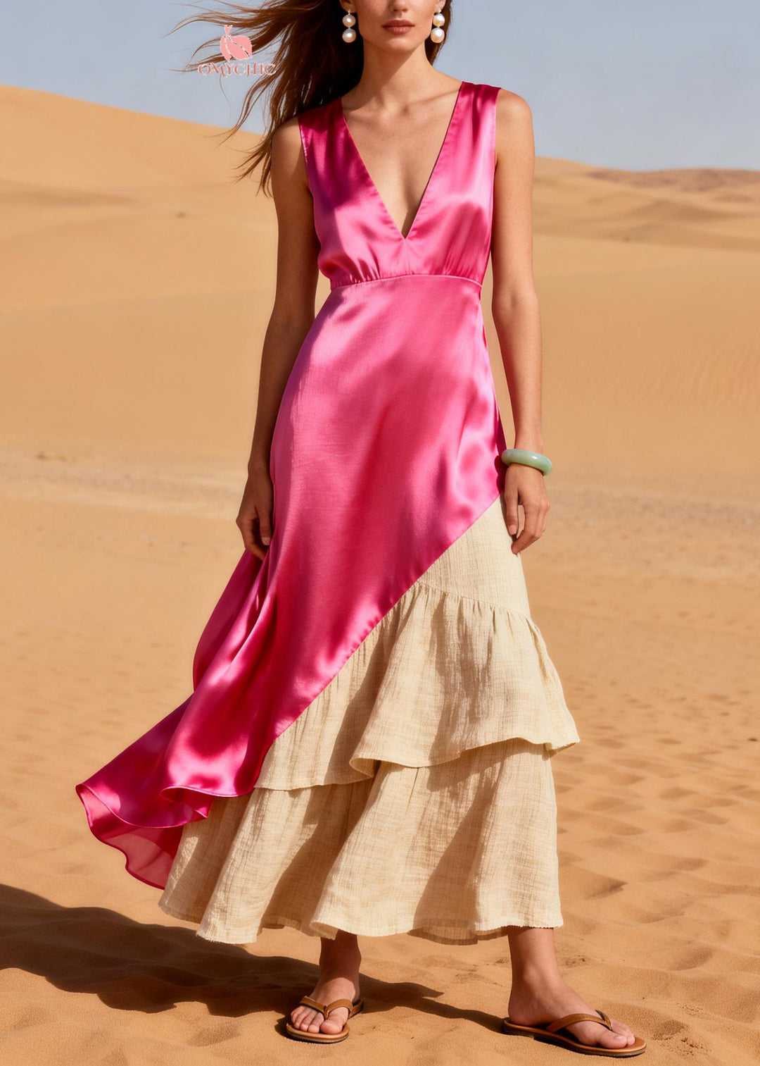 Elegant Pink Asymmetrical Patchwork Linen Silk Dress Summer