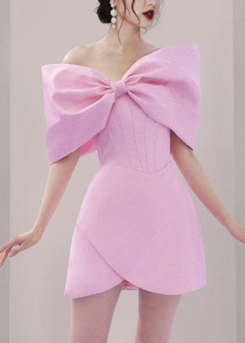 Elegant Pink Bow Solid Cotton Mid Dress Summer