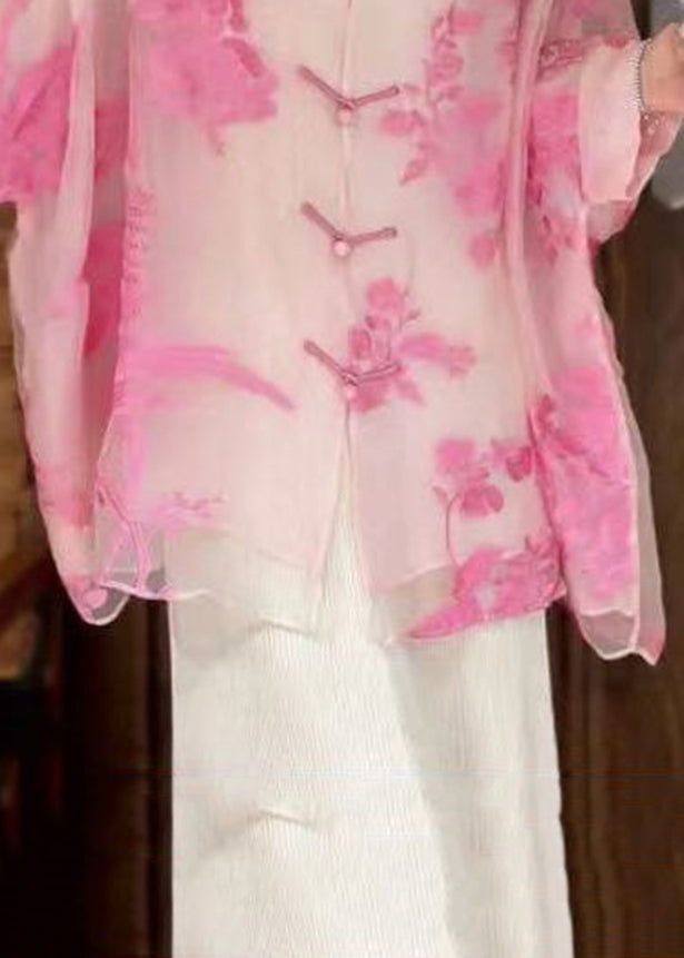 Elegant Pink Button Print Silk Cotton Blouse Batwing Sleeve