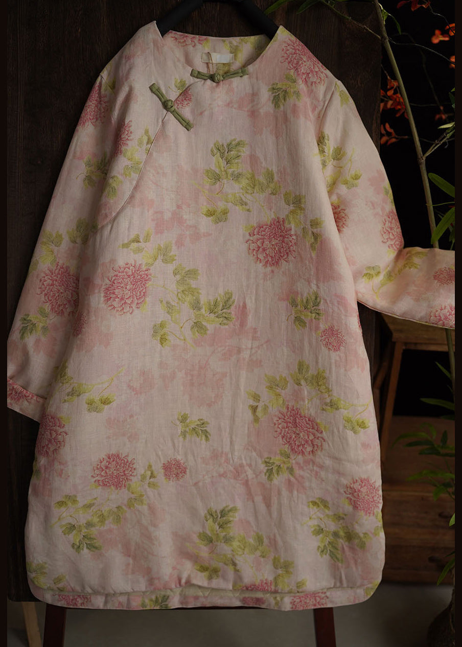 Elegant Pink Chinese Button Print Side Open Cotton Filled Dress Spring