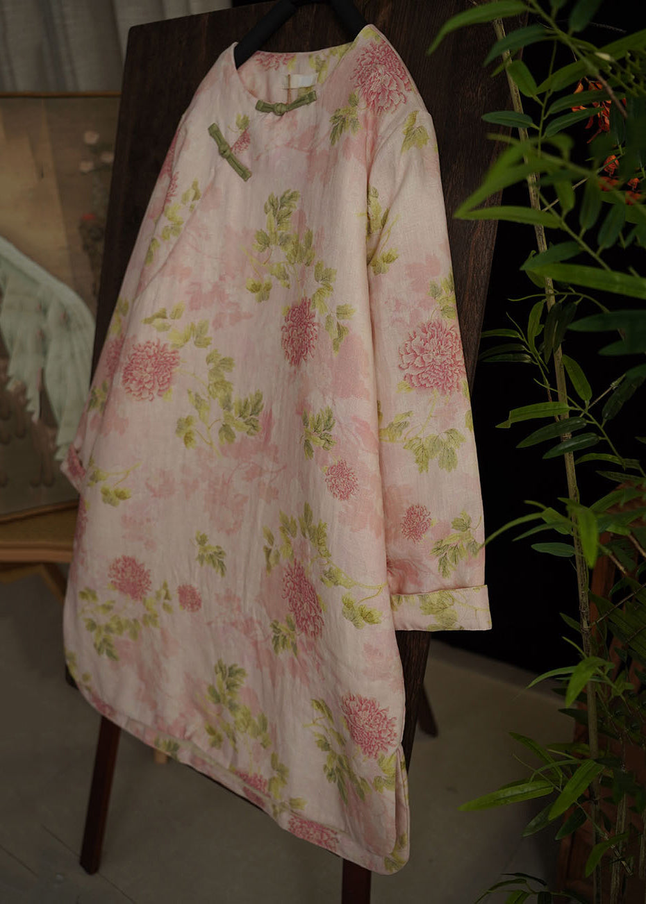 Elegant Pink Chinese Button Print Side Open Cotton Filled Dress Spring