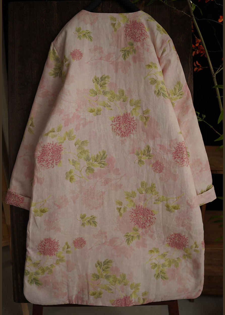 Elegant Pink Chinese Button Print Side Open Cotton Filled Dress Spring