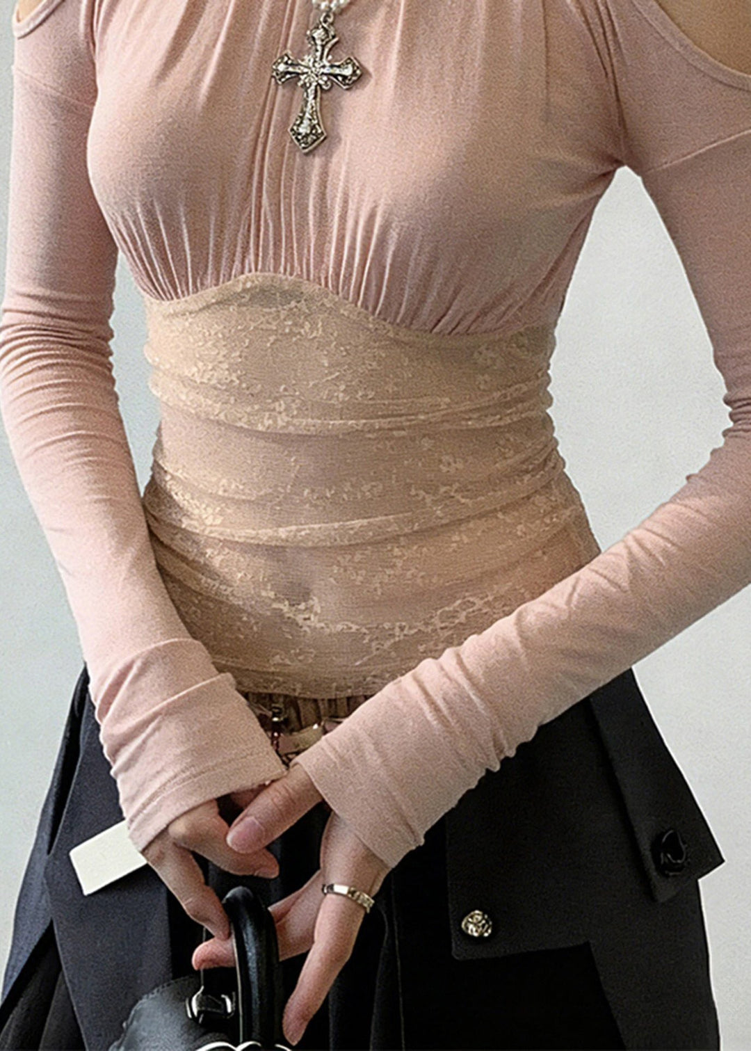 Elegant Pink Cold Shoulder Patchwork Lace Shirt Top Spring