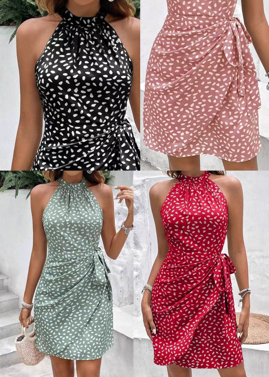 Elegant Pink Cold Shoulder Print Chiffon Hatler Dress Summer