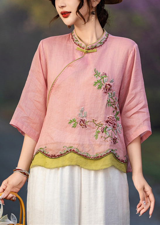 Elegant Pink Embroidered Button Linen Shirt Bracelet Sleeve