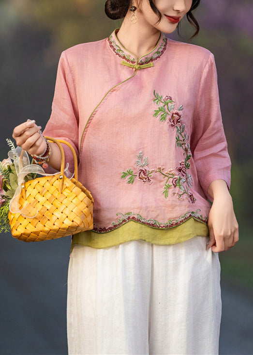 Elegant Pink Embroidered Button Linen Shirt Bracelet Sleeve