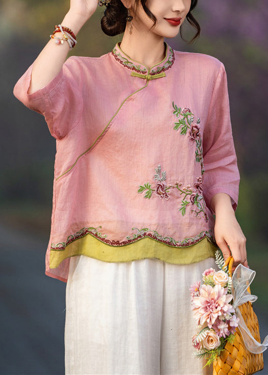 Elegant Pink Embroidered Button Linen Shirt Bracelet Sleeve