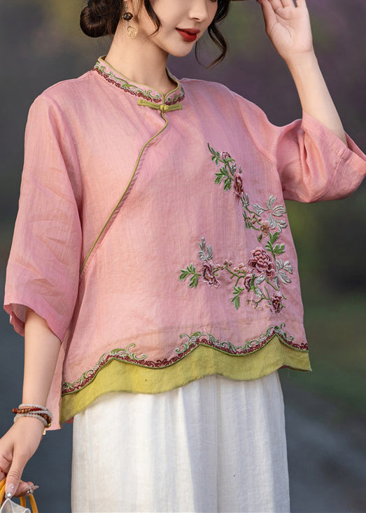 Elegant Pink Embroidered Button Linen Shirt Bracelet Sleeve