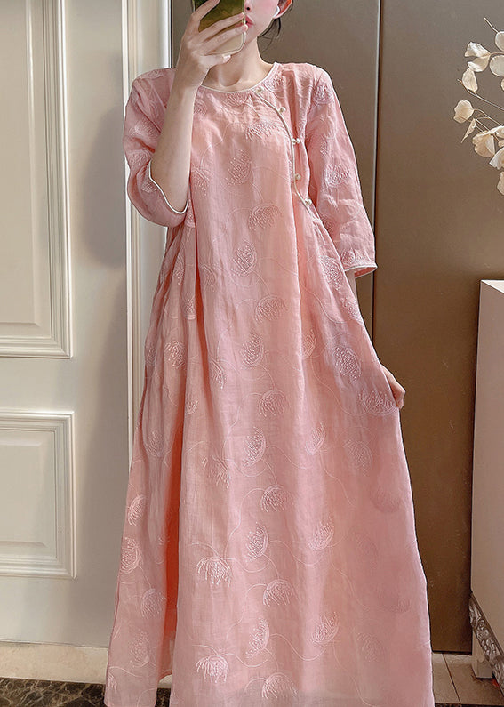 Elegant Pink Embroidered Button Linen Two-Piece Set Half Sleeve