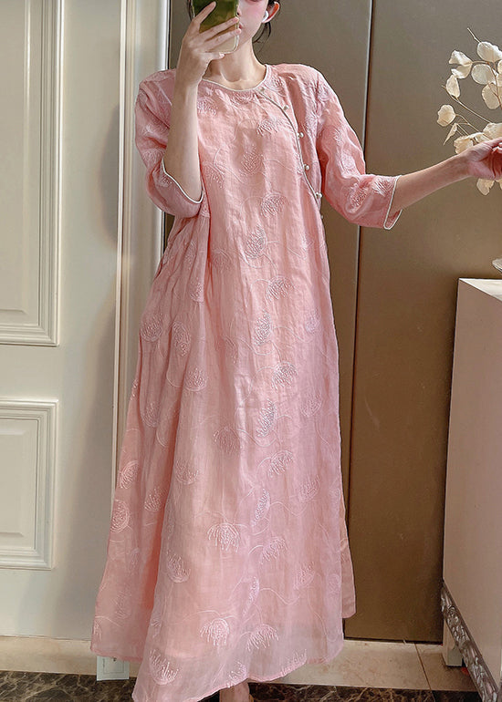 Elegant Pink Embroidered Button Linen Two-Piece Set Half Sleeve