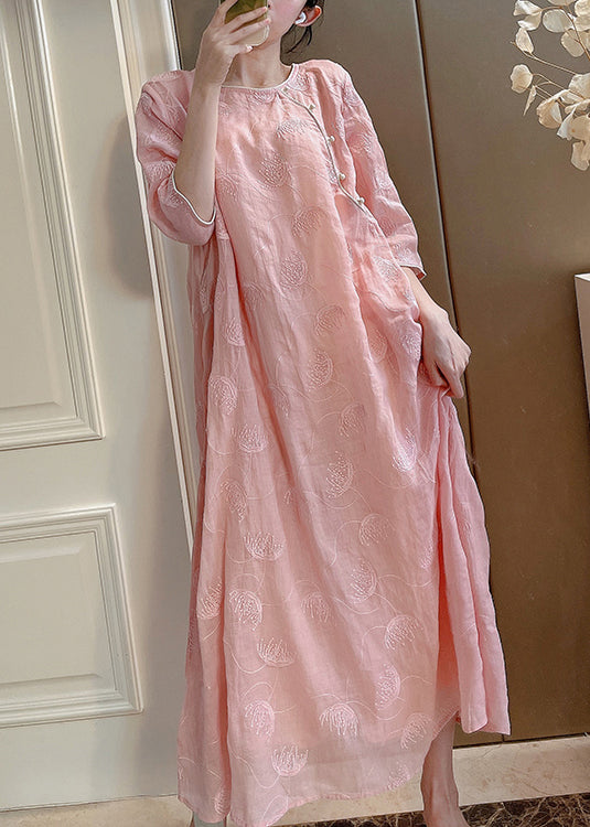 Elegant Pink Embroidered Button Linen Two-Piece Set Half Sleeve