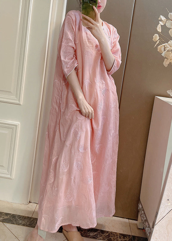 Elegant Pink Embroidered Button Linen Two-Piece Set Half Sleeve