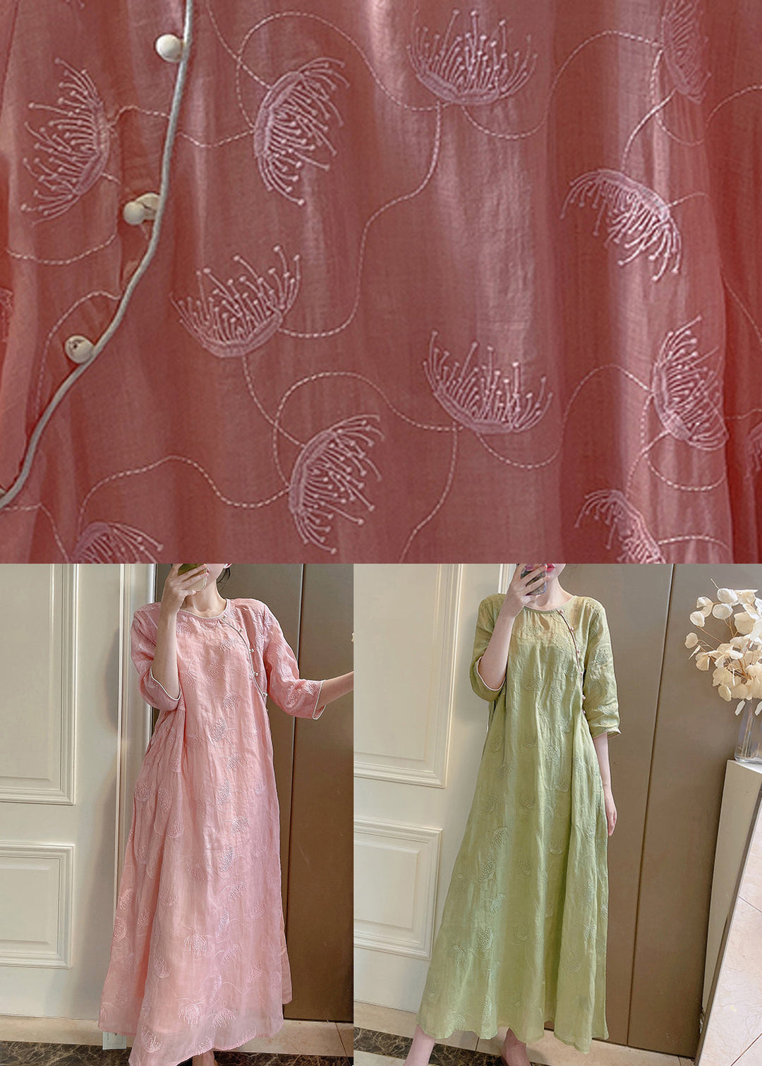 Elegant Pink Embroidered Button Linen Two-Piece Set Half Sleeve