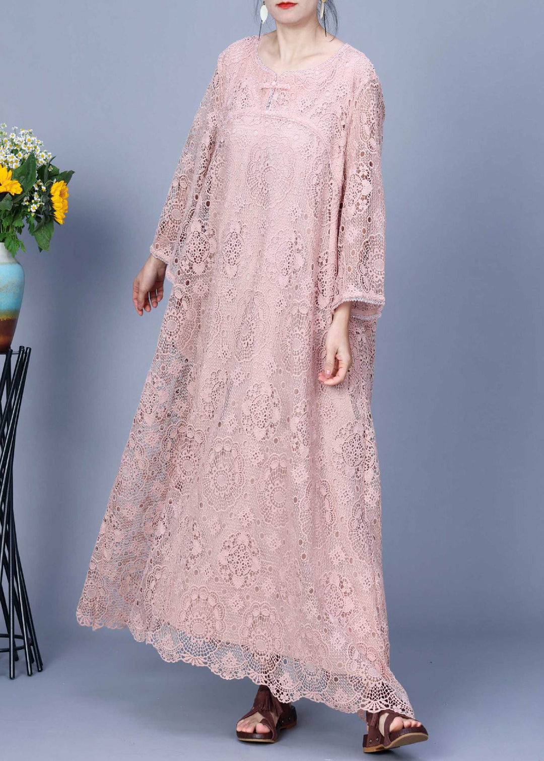 Elegant Pink Embroidered Hollow Out Lace Long Dress Spring