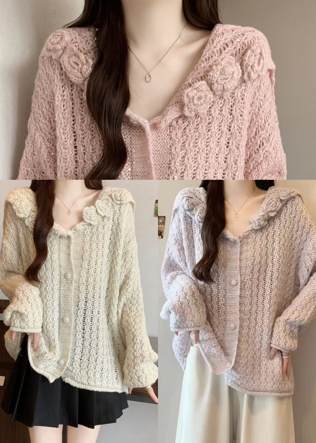 Elegant Pink Floral Hollow Out Knitted Cardigan Fall