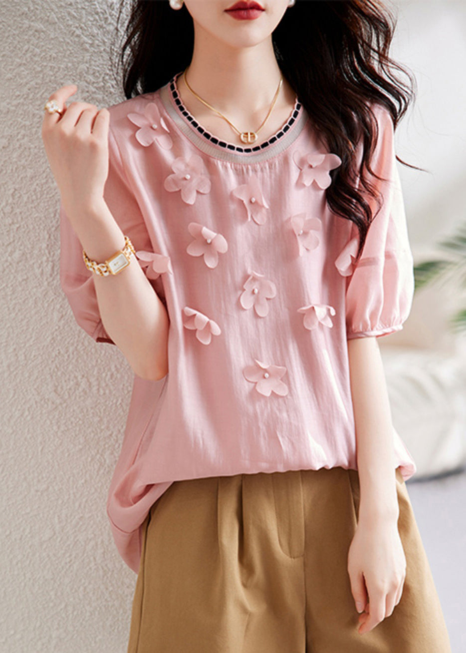 Elegant Pink Floral Knit Patchwork Chiffon Shirt Summer