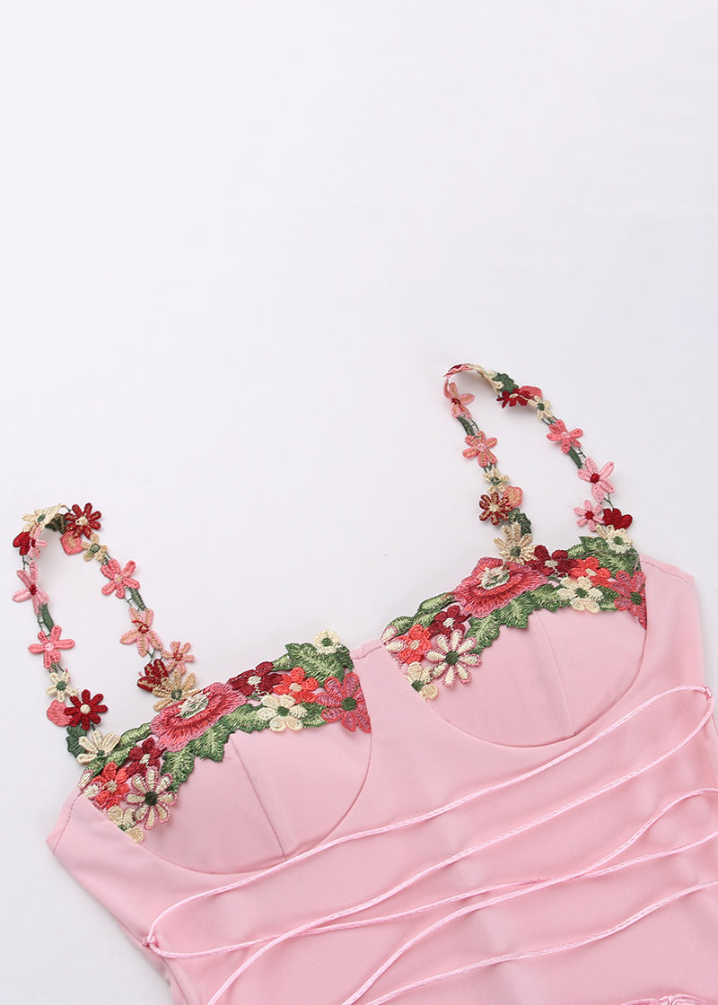 Elegant Pink Floral Patchwork Cotton Spaghetti Strap Dress Sleeveless