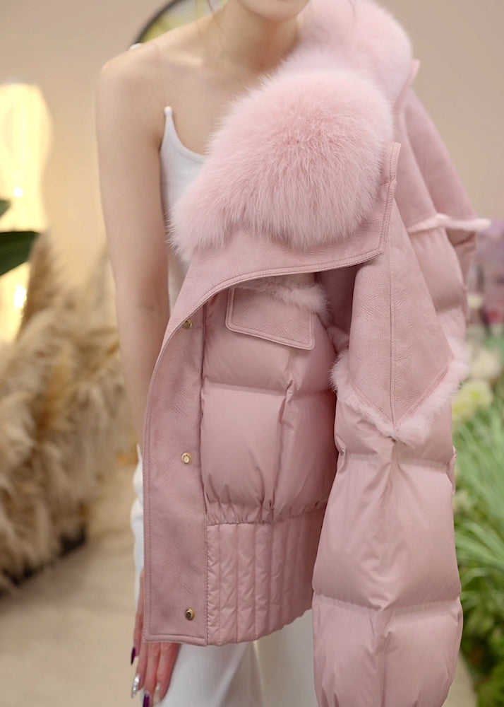 Elegant Pink Fur Collar Button Patchwork Duck Down Puffer Jacket Winter