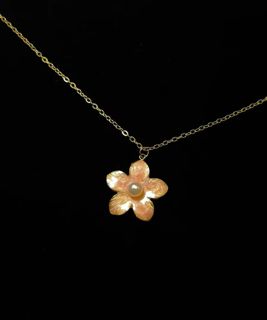 Elegant Pink Gilded Floral Pearl Gold Plated Pendant Necklace