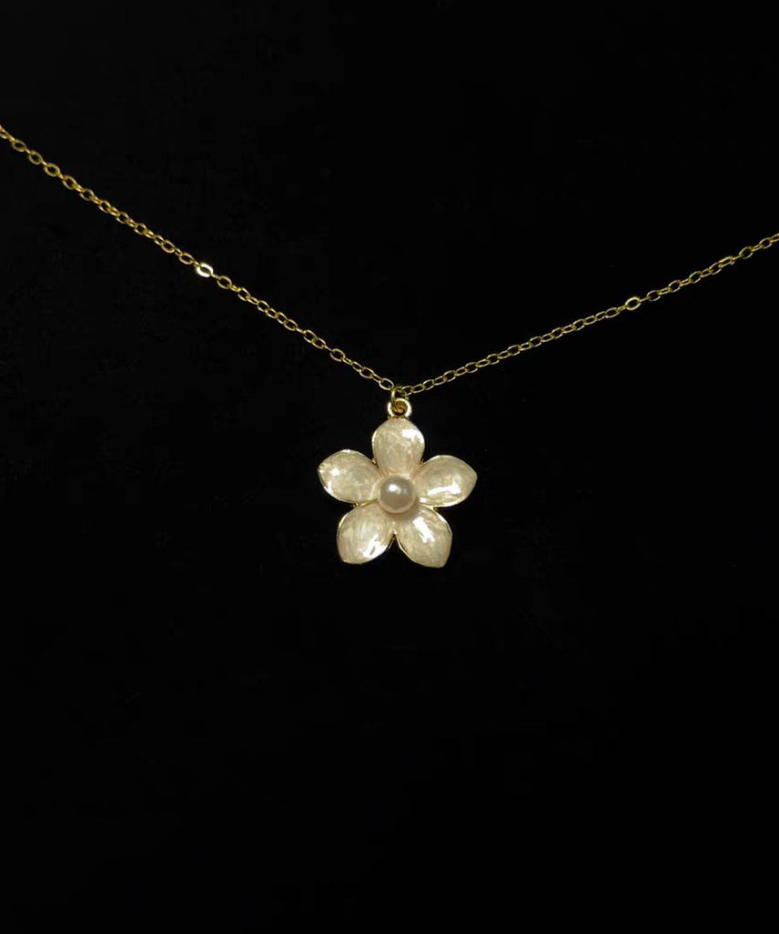 Elegant Pink Gilded Floral Pearl Gold Plated Pendant Necklace