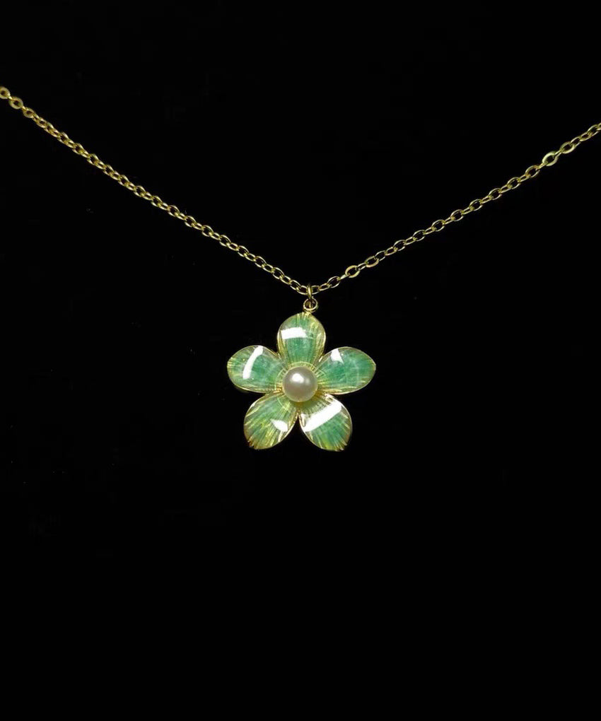 Elegant Pink Gilded Floral Pearl Gold Plated Pendant Necklace