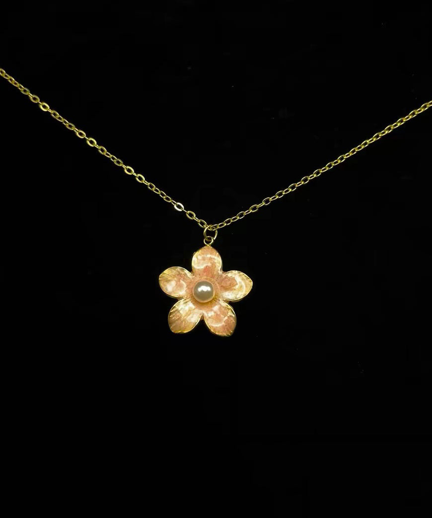 Elegant Pink Gilded Floral Pearl Gold Plated Pendant Necklace
