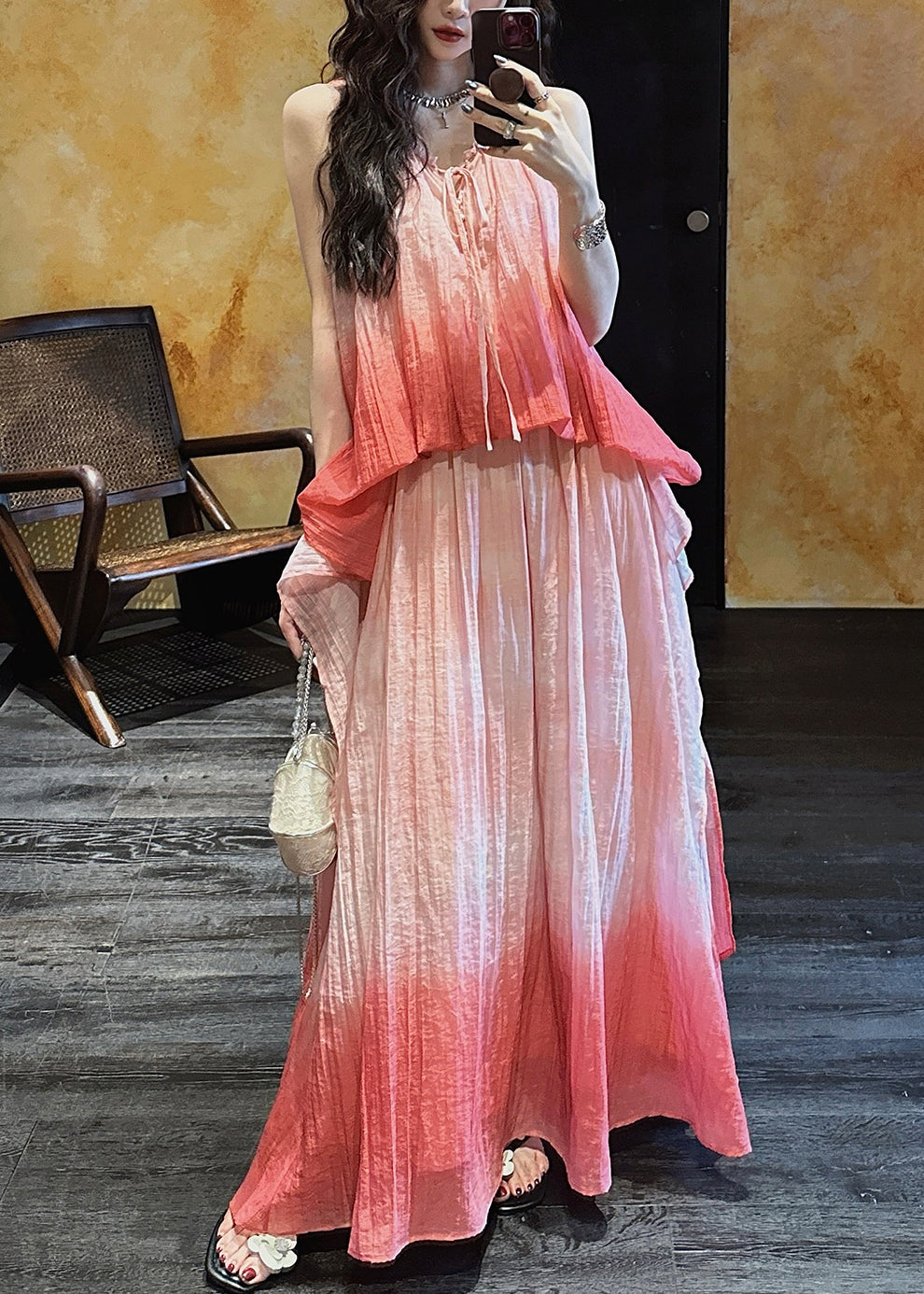 Elegant Pink Gradient Color Ruffled Linen Silk Long Dress Sleeveless
