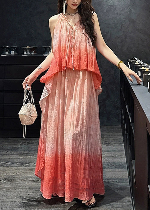 Elegant Pink Gradient Color Ruffled Linen Silk Long Dress Sleeveless