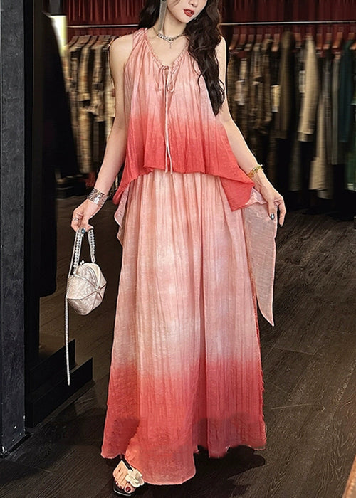 Elegant Pink Gradient Color Ruffled Linen Silk Long Dress Sleeveless