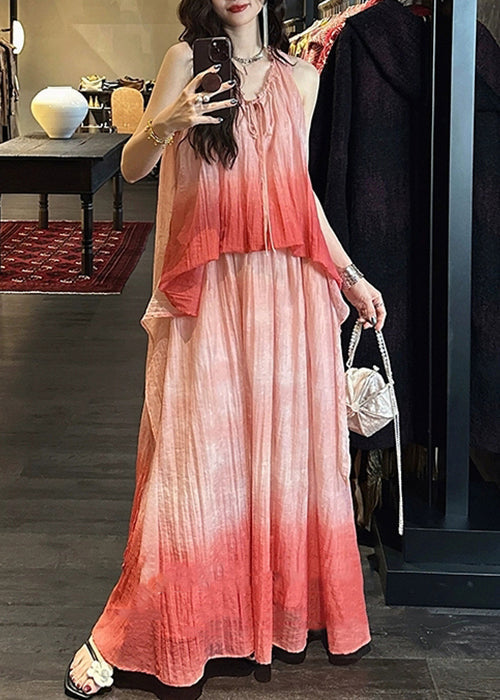 Elegant Pink Gradient Color Ruffled Linen Silk Long Dress Sleeveless