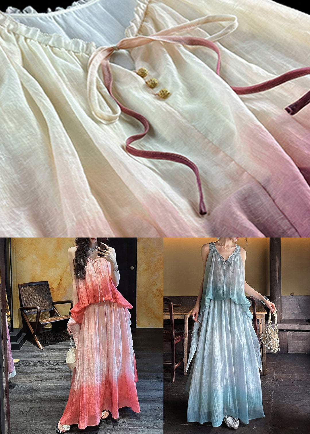 Elegant Pink Gradient Color Ruffled Linen Silk Long Dress Sleeveless