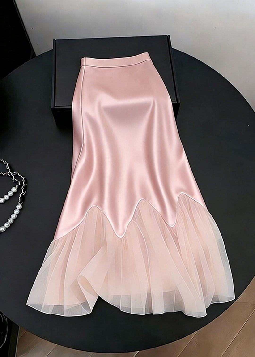 Elegant Pink High Waist Tulle Patchwork Silk Skirt Fall