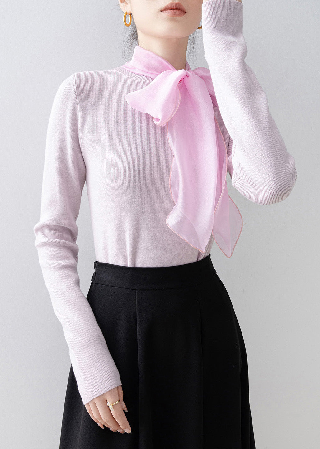 Elegant Pink Hign Neck Bow Slim Fit Knit Sweaters Spring
