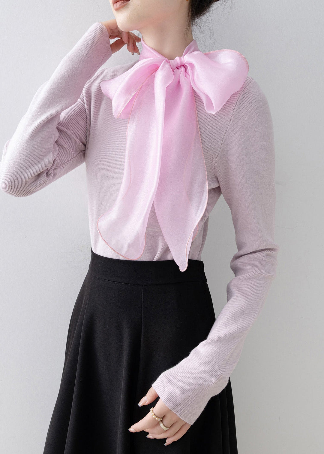 Elegant Pink Hign Neck Bow Slim Fit Knit Sweaters Spring