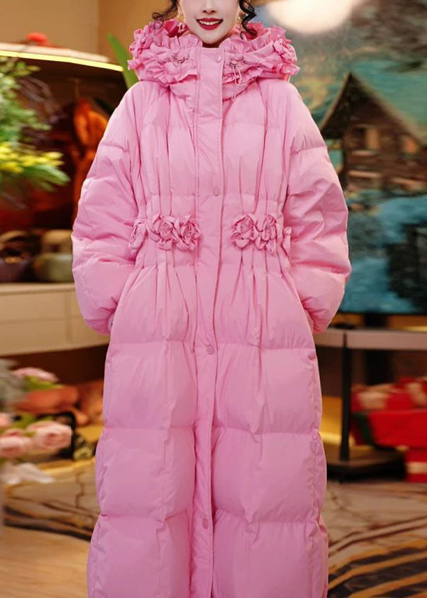 Elegant Pink Hooded Ruffled Side Open Duck Down Down Long Coats Winter