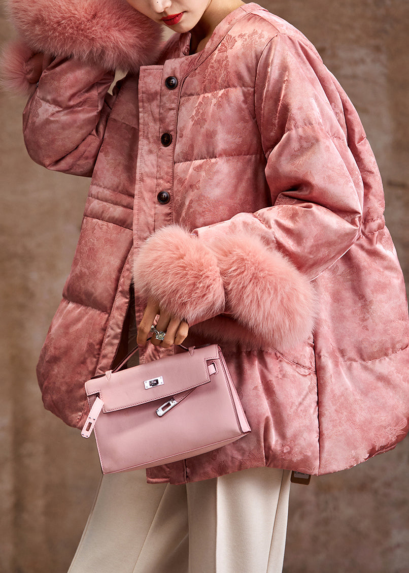 Elegant Pink Jacquard Patchwork Fox Hair Duck Down Silk Puffer Coat Winter