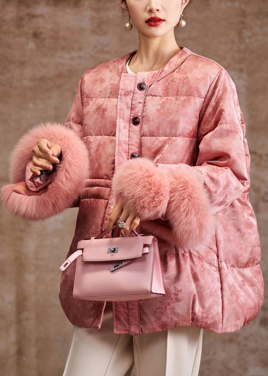 Elegant Pink Jacquard Patchwork Fox Hair Duck Down Silk Puffer Coat Winter