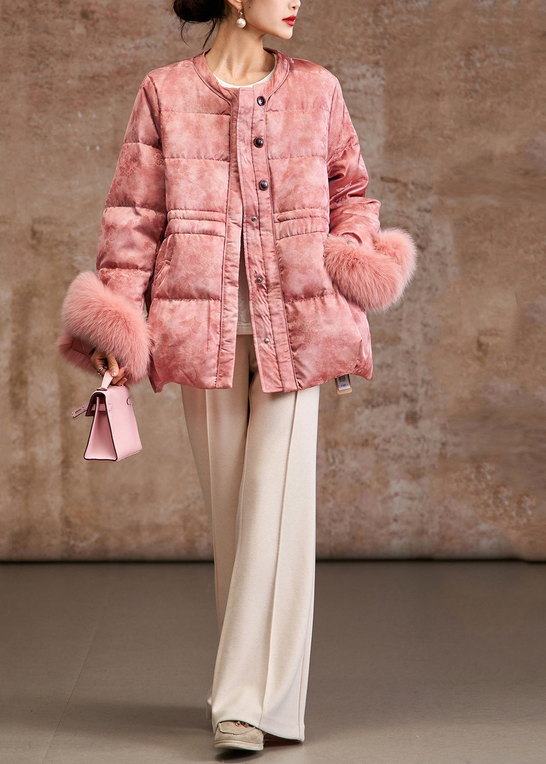 Elegant Pink Jacquard Patchwork Fox Hair Duck Down Silk Puffer Coat Winter