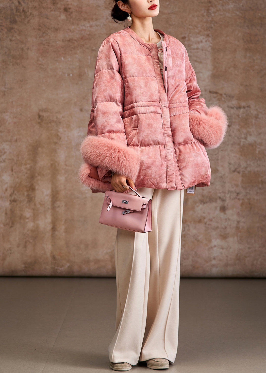 Elegant Pink Jacquard Patchwork Fox Hair Duck Down Silk Puffer Coat Winter