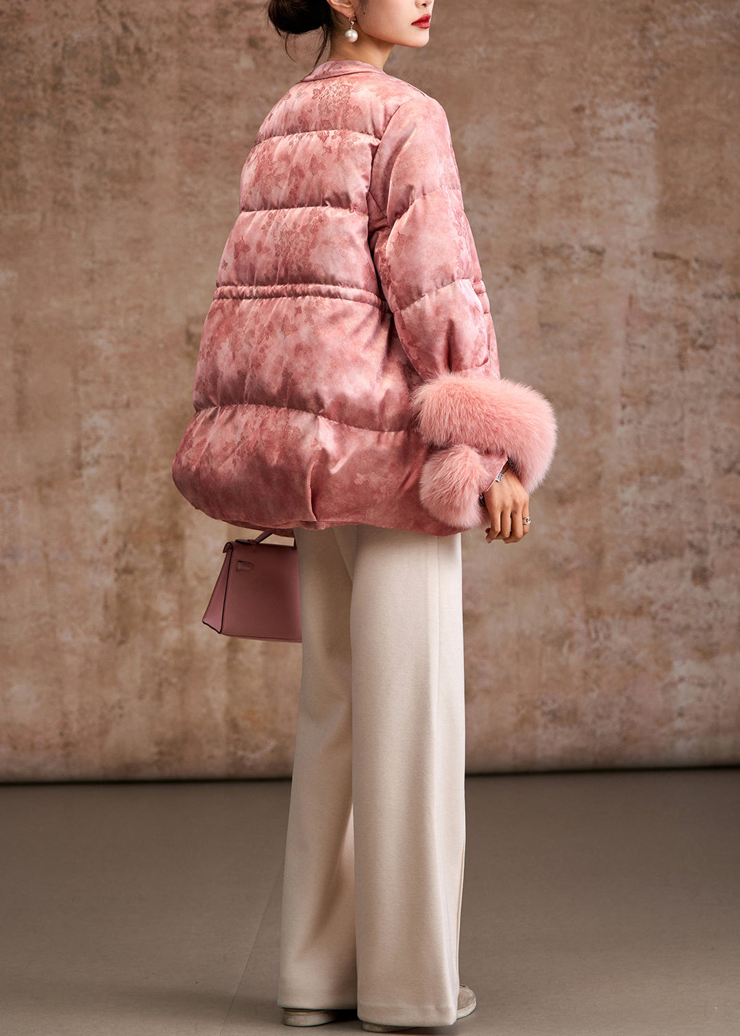 Elegant Pink Jacquard Patchwork Fox Hair Duck Down Silk Puffer Coat Winter