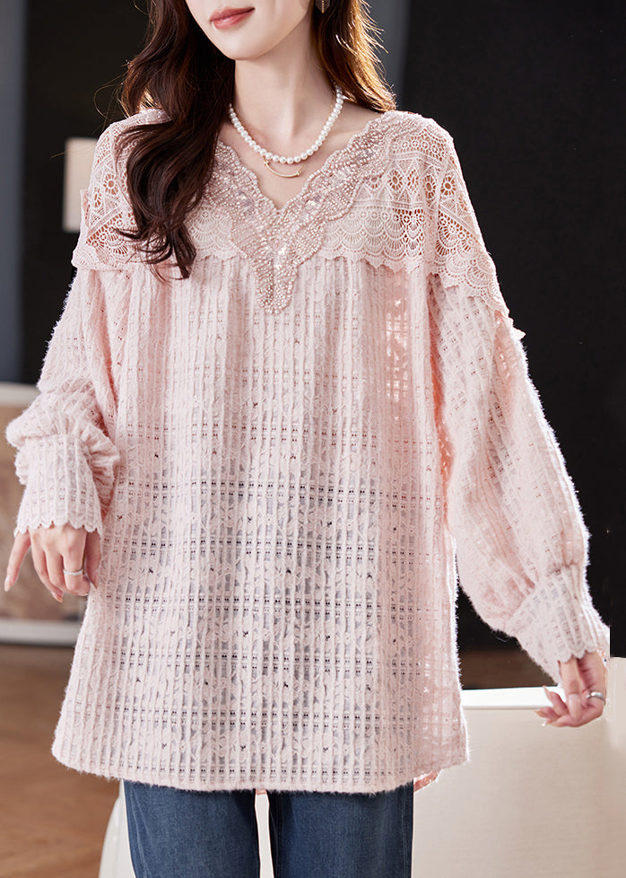 Elegant Pink Nail Bead Hollow Out Lace Shirt Spring