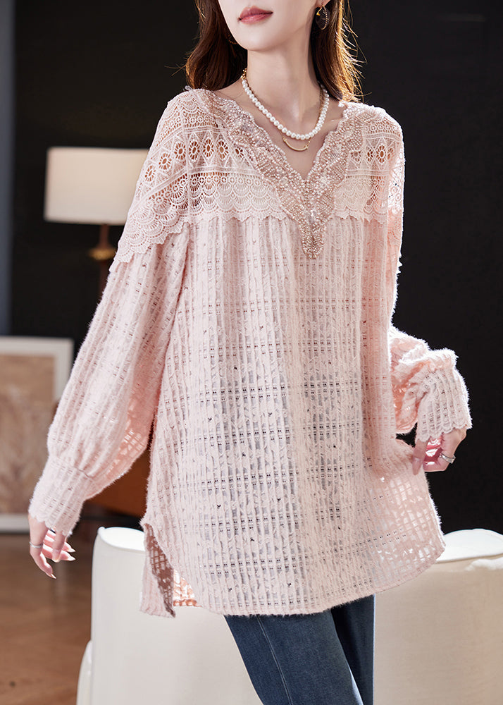 Elegant Pink Nail Bead Hollow Out Lace Shirt Spring