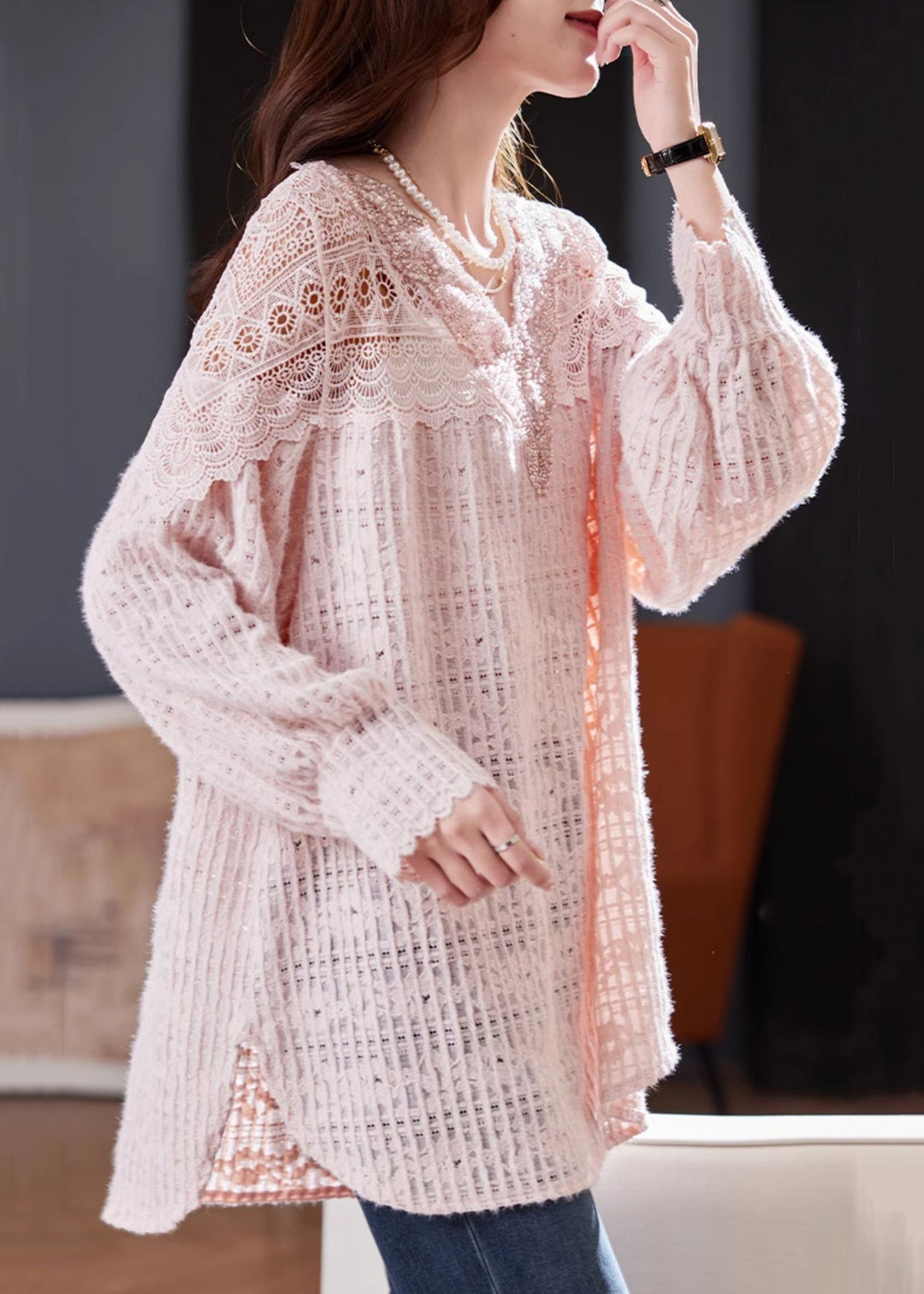 Elegant Pink Nail Bead Hollow Out Lace Shirt Spring
