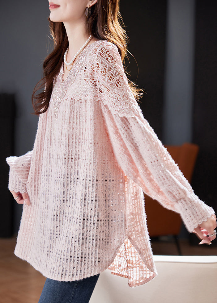 Elegant Pink Nail Bead Hollow Out Lace Shirt Spring