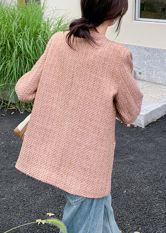 Elegant Pink O Neck Button Pockets Coat Fall