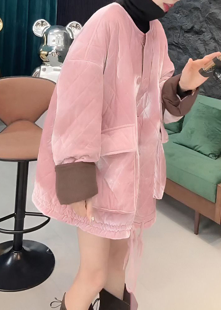 Elegant Pink O Neck Pockets Lace Up Cotton Filled Parkaer Winter