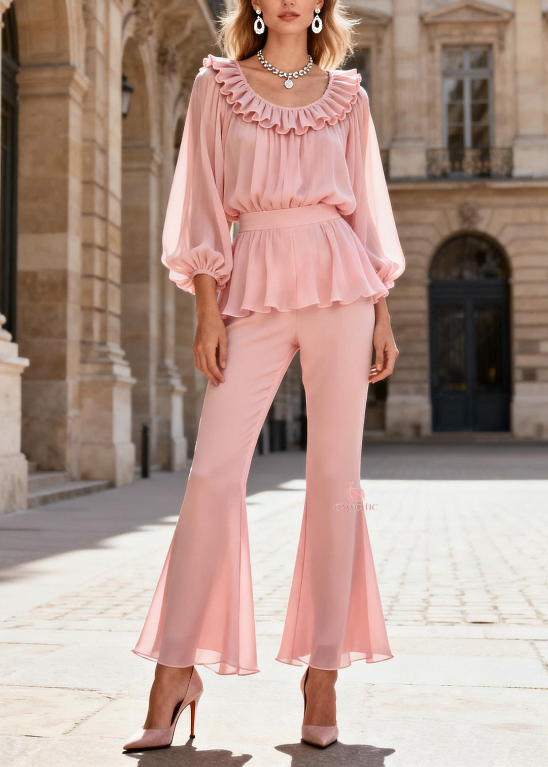 Elegant Pink O-Neck Ruffled Patchwork Silk Two Piece Set Spring