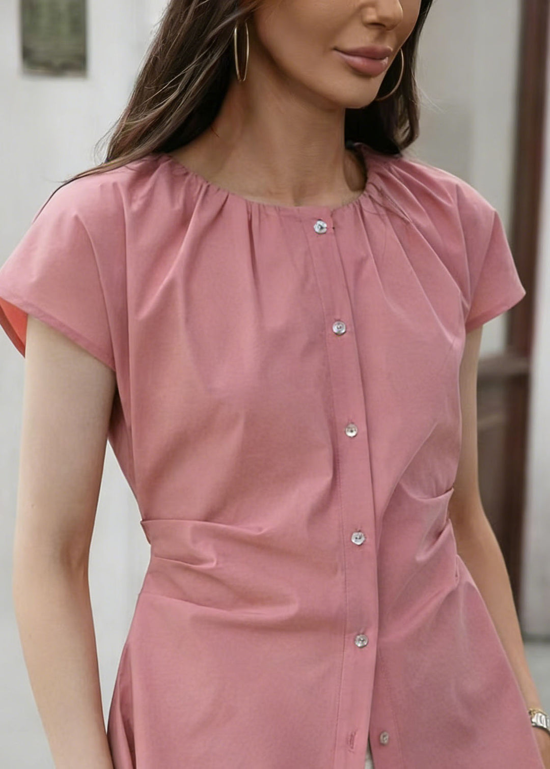 Elegant Pink O Neck Wrinkled Cotton Shirt Tops Summer