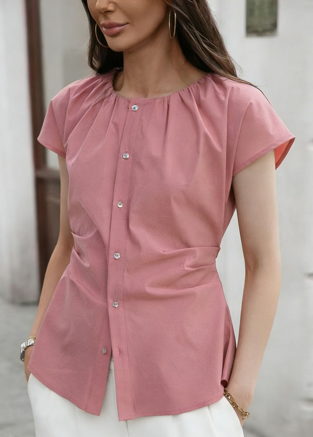 Elegant Pink O Neck Wrinkled Cotton Shirt Tops Summer